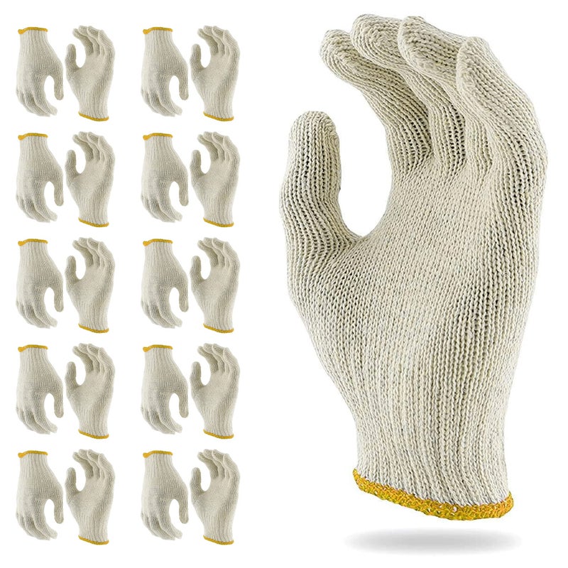 ABC Pack & Supply ABC 12 pairs String Knit Work Gloves, 10 Inch.Cotton and Polyester String Knit Gloves. Reusable Roping Gloves for Men and Women with Yellow Line. - Image 1